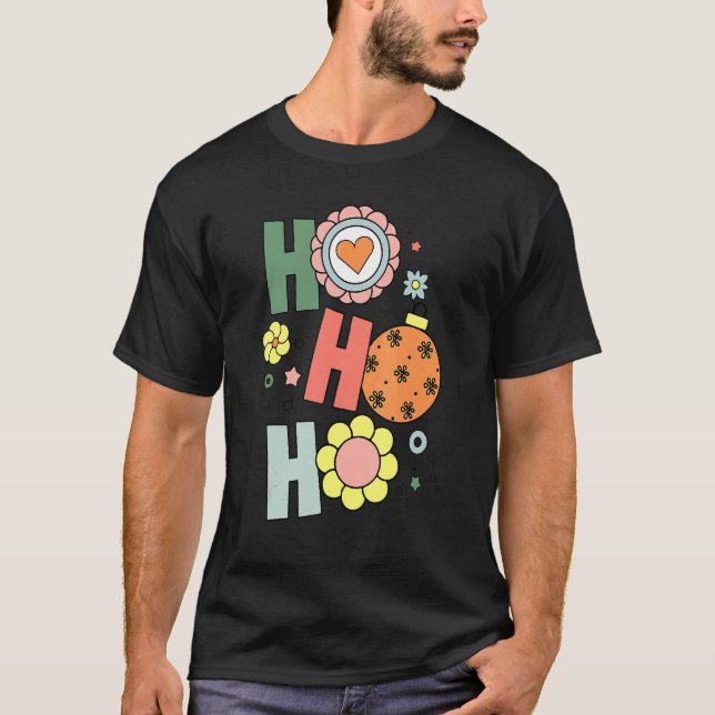 Hippie Ho Ho Ho Christmas Retro Groovy Flower Baub T-Shirt (Front)