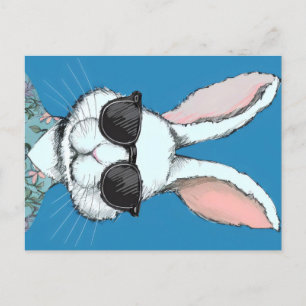 Hippie Hues Easter Blues,Bunny in Retro Floral Shi Holiday Postcard