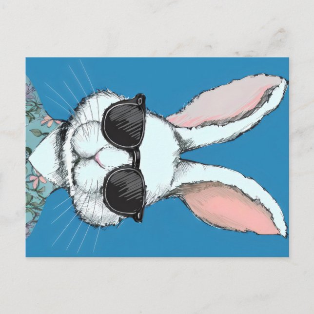 Hippie Hues Easter Blues,Bunny in Retro Floral Shi Holiday Postcard (Front)