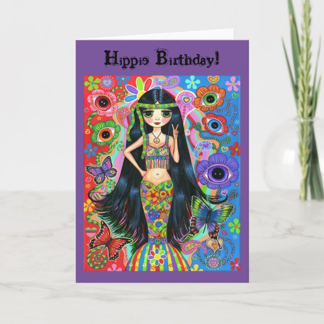 Hippie Mermaid Girl Peace Sign Psychedelic Cute Card (Front)