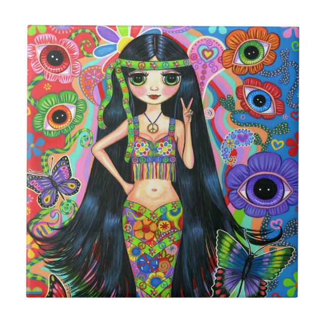 Hippie Mermaid Girl with Eye Flowers & Butterflies Tile (Front)