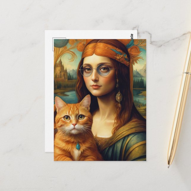 Hippie Mona Lisa and Her Ginger Cat Postcard (Front/Back In Situ)