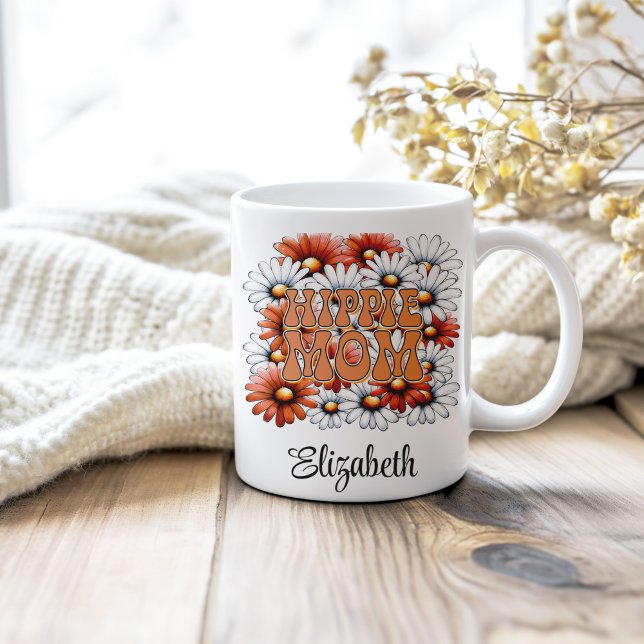 Hippie Mum Custom Name Retro Daisy Wildflowers Coffee Mug (Hippie Mom Custom Name Retro Daisy Wildflowers Coffee Mug on a neutral cozy wooden table.)