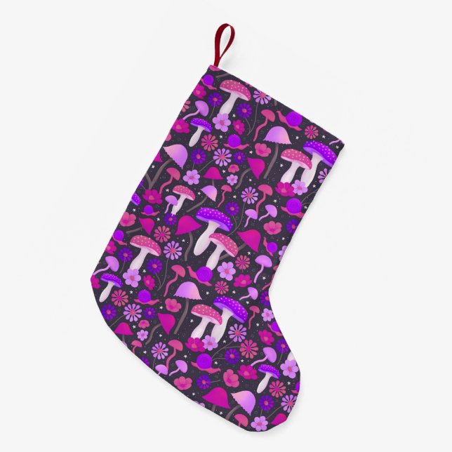 Hippie Mushrooms Pattern Purple, Pink & Black Small Christmas Stocking (Front (Hanging))