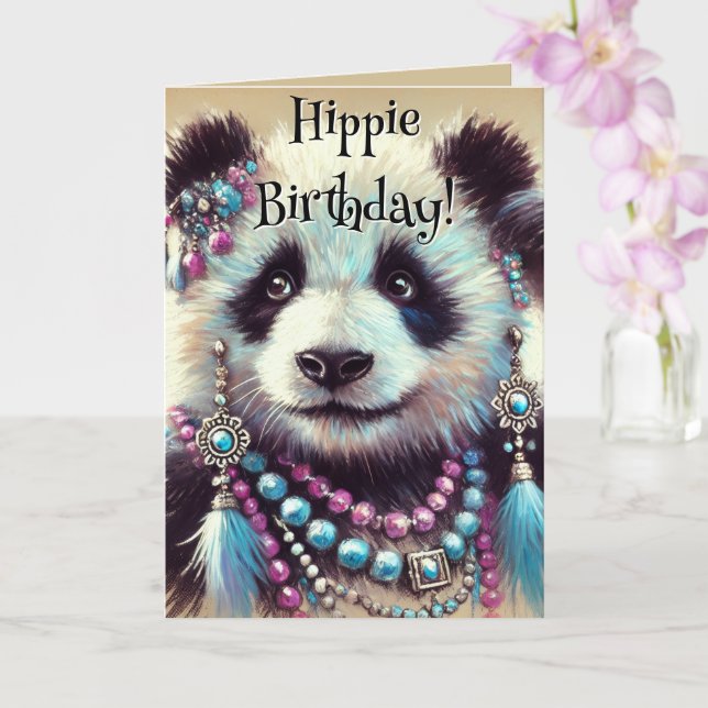 Hippie Panda Bear Personalised Birthday Card (Orchid)