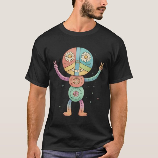 Hippie Peace Doll – Retro Stitched Flower Child T-Shirt (Front)