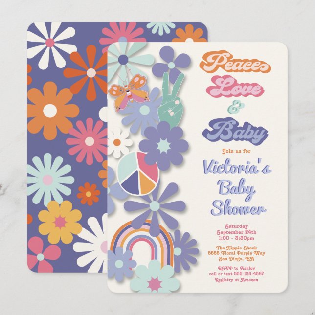 Hippie Peace Love & Baby 70s 60s Baby Shower Invitation (Front/Back)