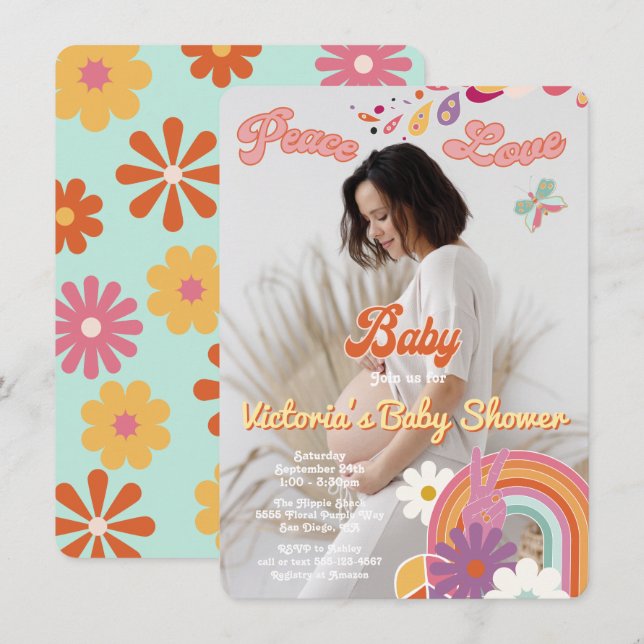 Hippie Peace Love Baby Photo 70s 60s Baby Shower Invitation (Front/Back)