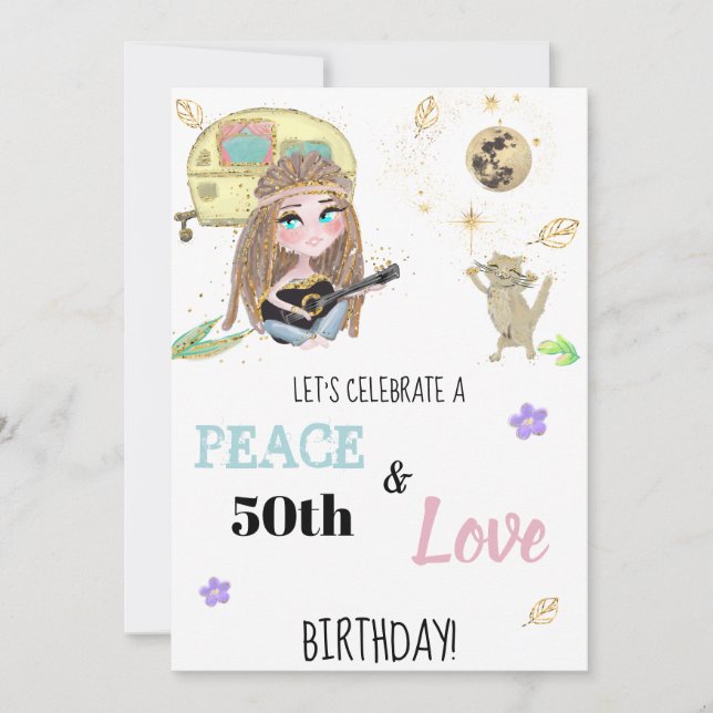 * Hippie Peace & Love Camping Glitter Birthday  Invitation (Front)