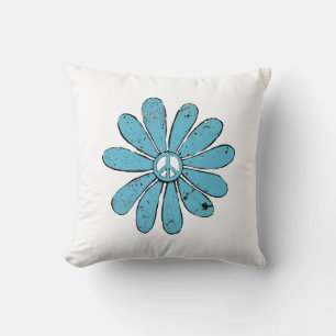 Hippie Peace Sign Flower Aqua Distressed Look Cushion