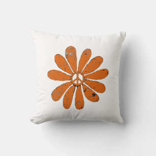 Hippie Peace Sign Flower Orange Distressed Look Cushion