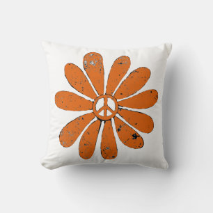 Hippie Peace Sign Flower Orange Distressed Look Cushion