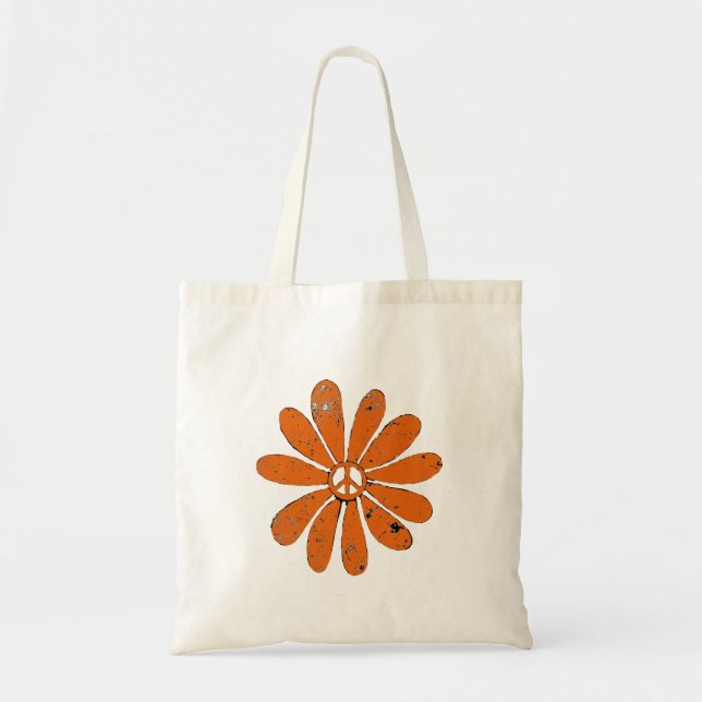 Hippie Peace Sign Flower Orange Distressed Look Tote Bag (Front)
