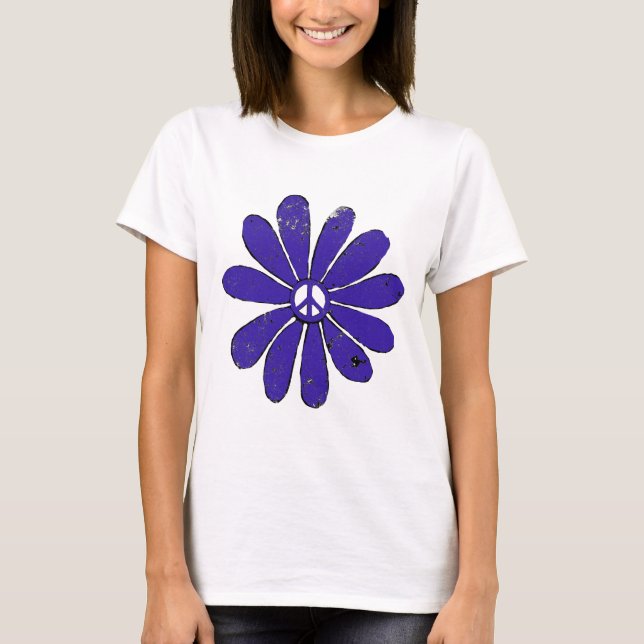 HIppie Peace Sign Flower Purple Distressed Look T-Shirt (Front)