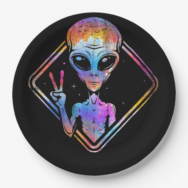 Hippie Peace Sign Outer Space Gift Alien Paper Plate (Front)