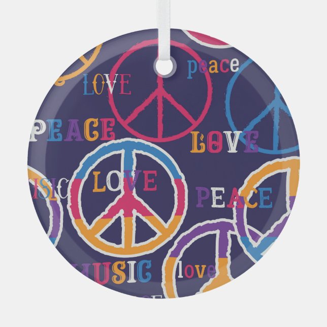 Hippie Peace: Vibrant Symbol Design. Glass Tree Decoration (Front)