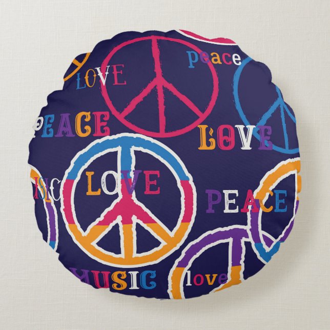 Hippie Peace: Vibrant Symbol Design. Round Cushion (Front)