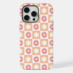 Hippie Peach Flower Chequerboard Pattern iPhone 15 Pro Max Case