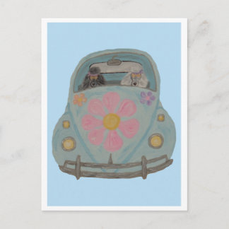 Hippie Poodles in their Flower Child Love Car Invitation Postcard
