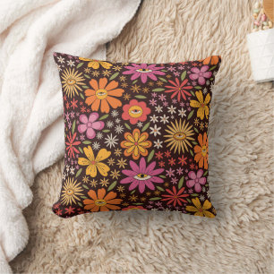 Hippie Psychedelic 70s Groovy Flowers Eye Pattern  Cushion