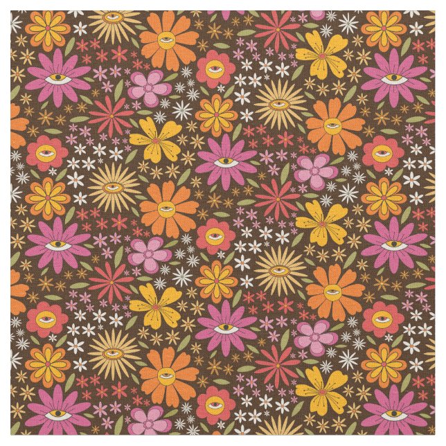 Hippie Psychedelic 70s Groovy Flowers Eye Pattern Fabric (Close Up)