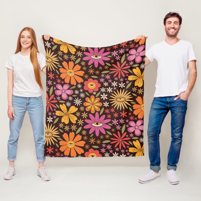Hippie Psychedelic 70s Groovy Flowers Eye Pattern  Fleece Blanket (In Situ)