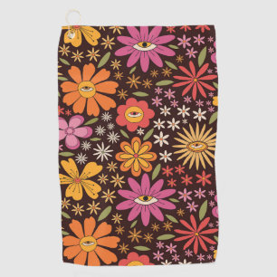 Hippie Psychedelic 70s Groovy Flowers Eye Pattern  Golf Towel