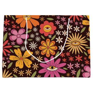 Hippie Psychedelic 70s Groovy Flowers Eye Pattern  Large Gift Bag