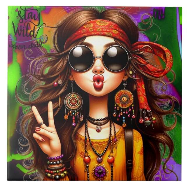 Hippie Quirky Girl Moon Child Ceramic Tile (Front)