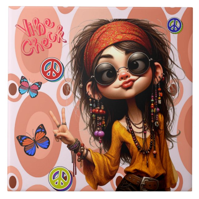 Hippie Quirky Girl Vibe Check  Ceramic Tile (Front)