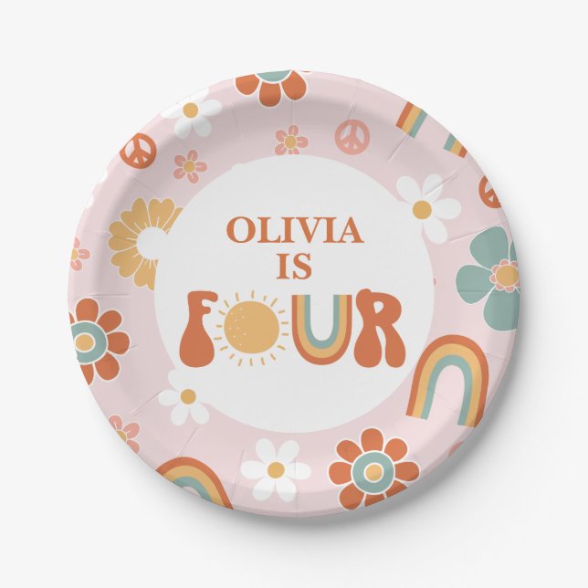 Hippie Rainbow Groovy 4th Birthday Paper Plate (Front)