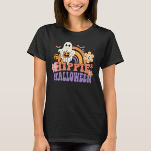 Hippie Rainbow Halloween Ghost Pumpkin Retro Women T-Shirt