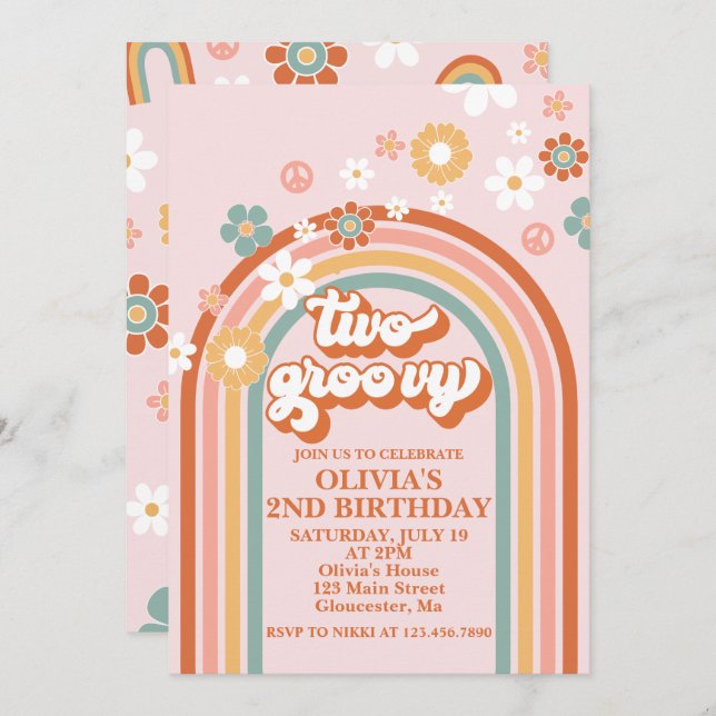 Hippie Rainbow Two Groovy 2nd Birthday Invitation (Front/Back)