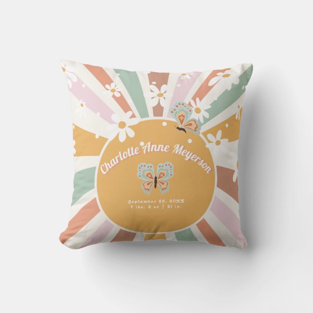 Hippie Retro 70s Sunshine Daisy Baby Birth Stats Cushion (Front)