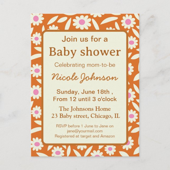 Hippie retro daisy floral baby shower   invitation postcard (Front)