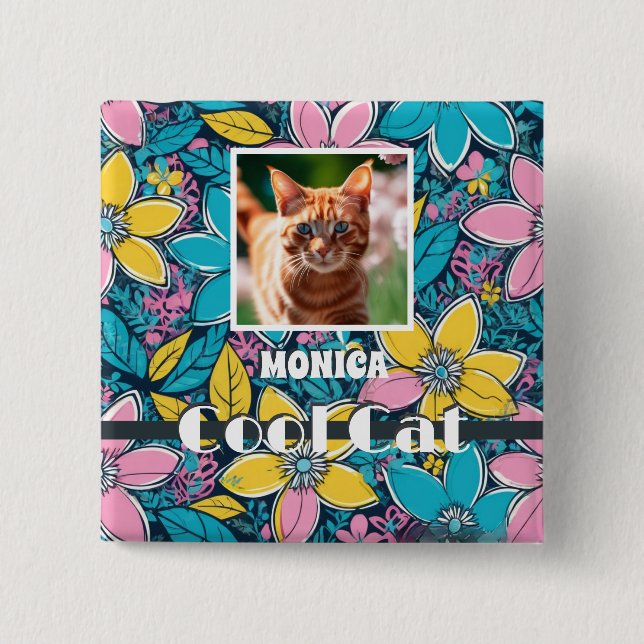 Hippie Retro Floral Groovy Cool Cat Custom Photo 15 Cm Square Badge (Front)