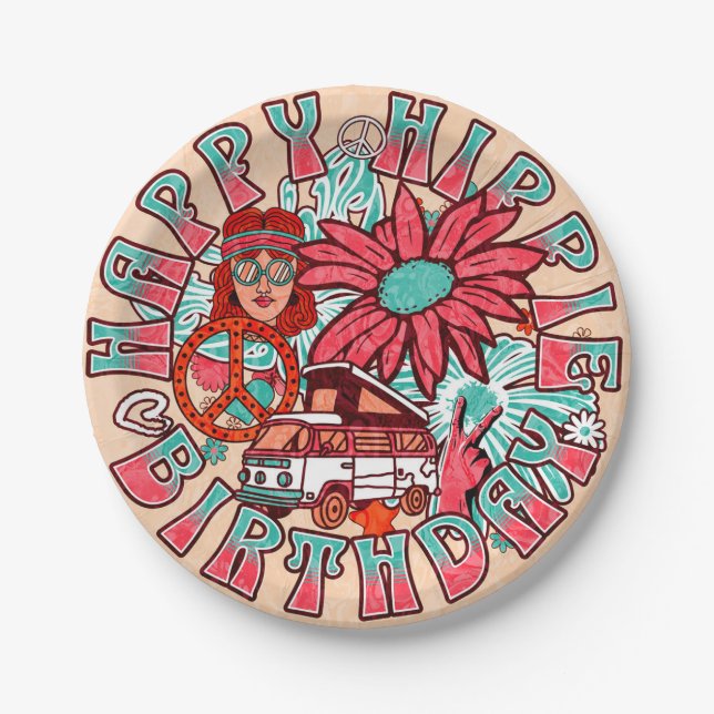 Hippie Retro Vintage Colours Birthday Paper Plate (Front)