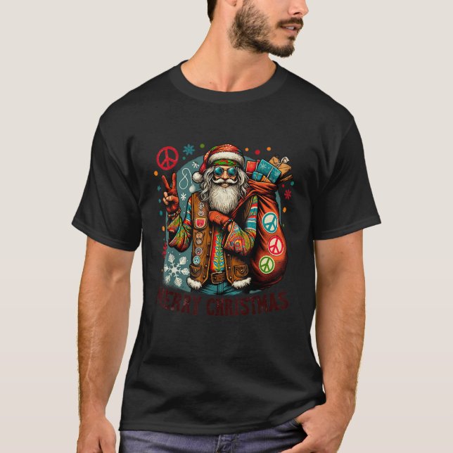 Hippie Santa Claus Christmas Peace Love Merry X Ma T-Shirt (Front)