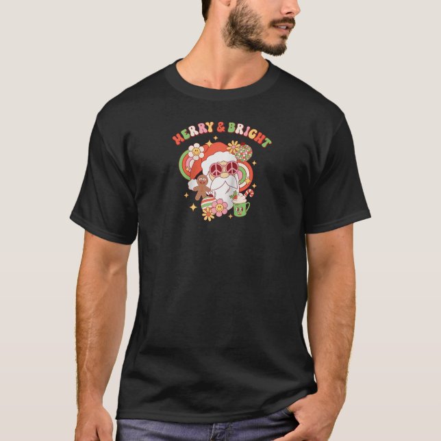 Hippie Santa Clause Merry and Bright Groovy Christ T-Shirt (Front)