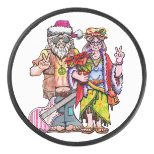 Hippie Santa Couple Hockey Puck