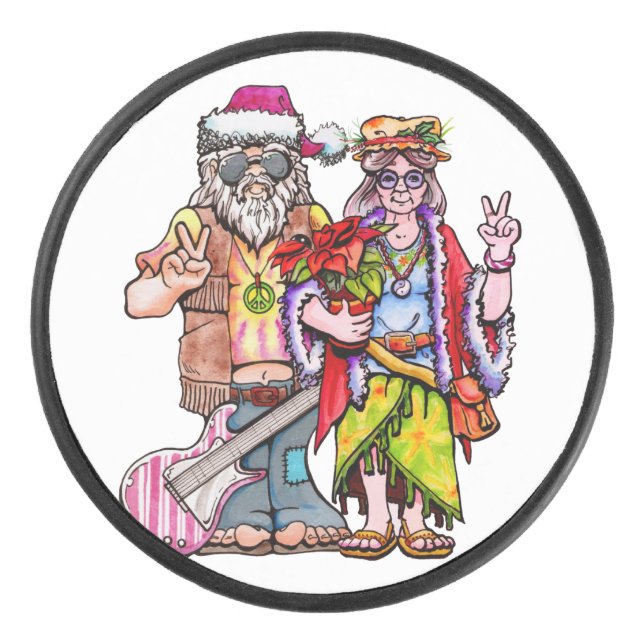 Hippie Santa Couple Hockey Puck (Front)