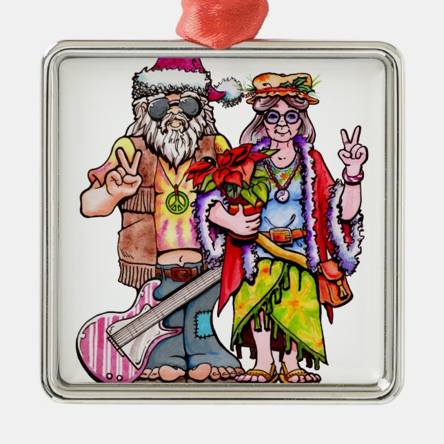 Hippie Santa Couple Metal Tree Decoration (Front)