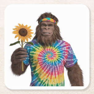 Hippie Sasquatch in Tiedye With Sunflower Square Paper Coaster