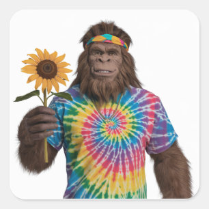 Hippie Sasquatch in Tiedye With Sunflower Square Sticker