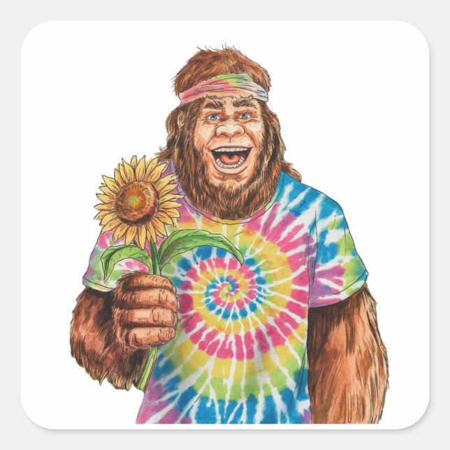 Hippie Sasquatch With Sunflower Square Sticker (Front)