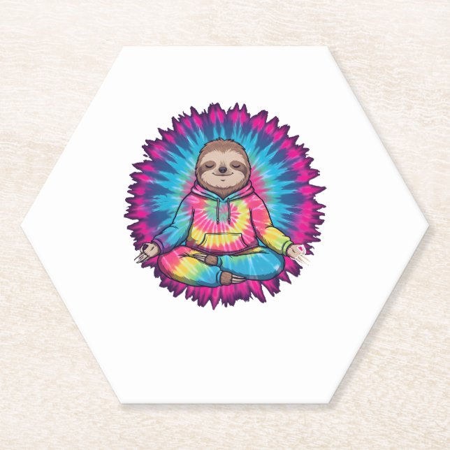 Hippie Sloth Peace Sign Tie-Dy Paper Coaster (Front)
