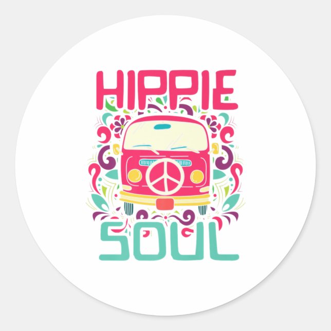 Hippie Soul Colourful Peace Van Premium Classic Round Sticker (Front)