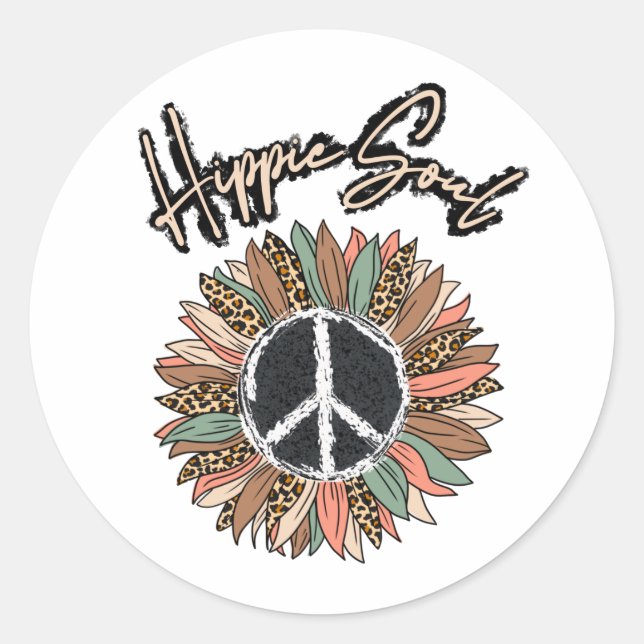 Hippie Soul Peace Sign Sunflower Classic Round Sticker (Front)