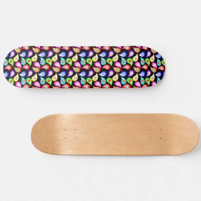 Hippie Style Flower Paisley Pattern on Black Skateboard (Horz)
