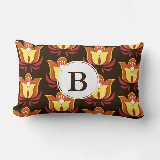 Hippie Style Groovy 60s Flowers & Initial Letter Lumbar Cushion (Front)